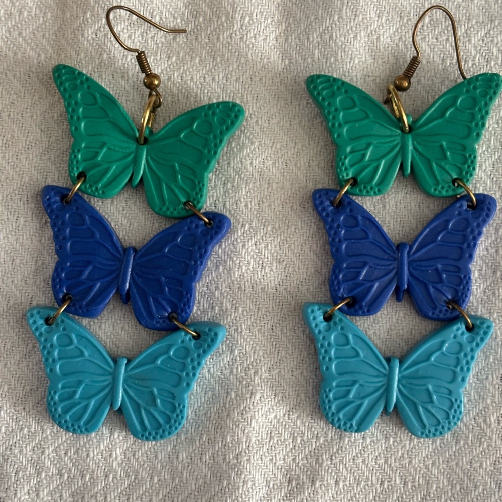 💗💗💗Handcrafted Triple Butterfly Dangle Earrings - Teal, Royal Blue, Aqua
